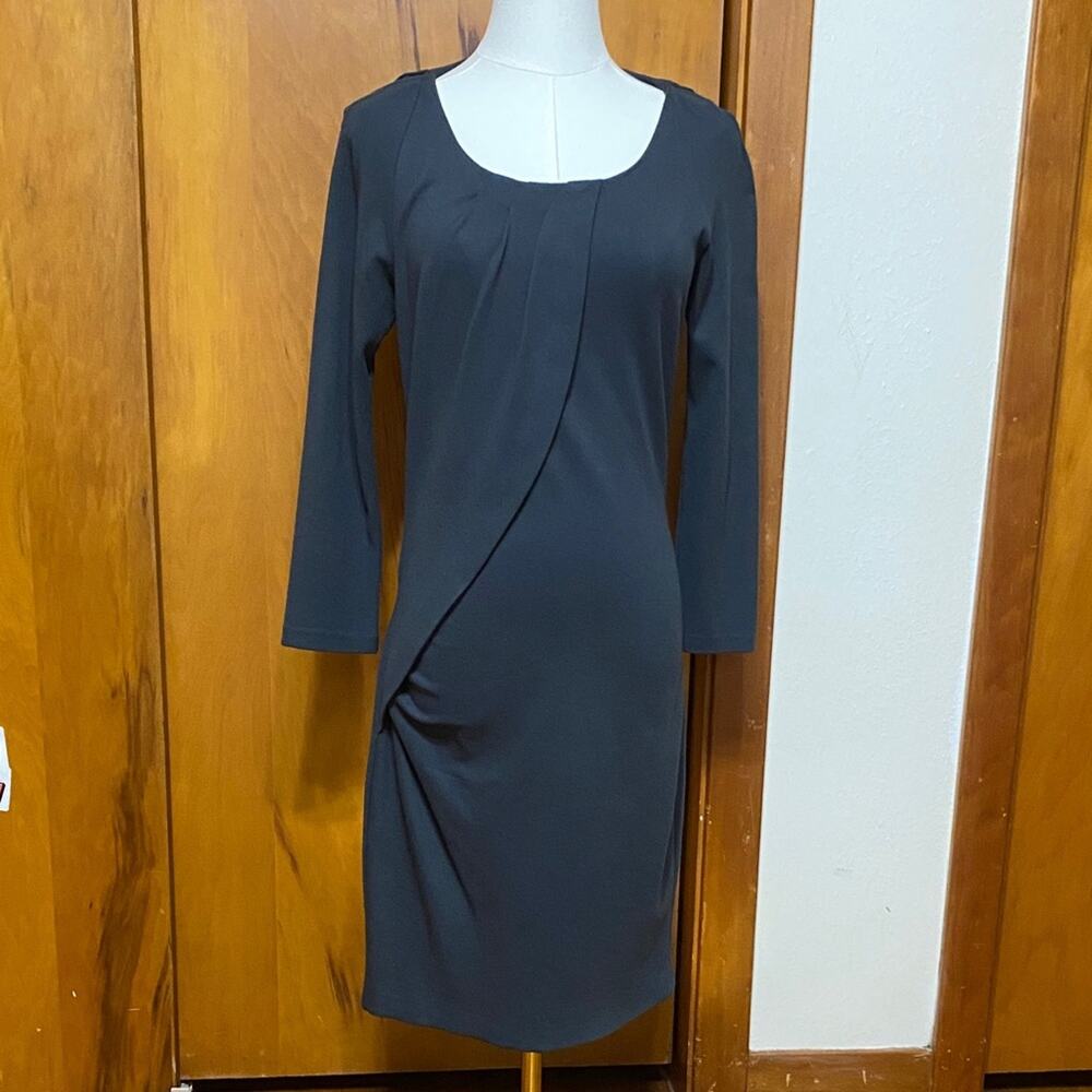 Diane Von Furstenberg Charcoal Stretch Knit Dress Drape 3/4 Sleeve Form Fitting